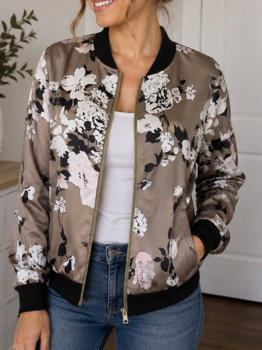 ECOWISH Floral Bomber Jacket Women’s L Taupe Pink White Black Zip Up Lightweight